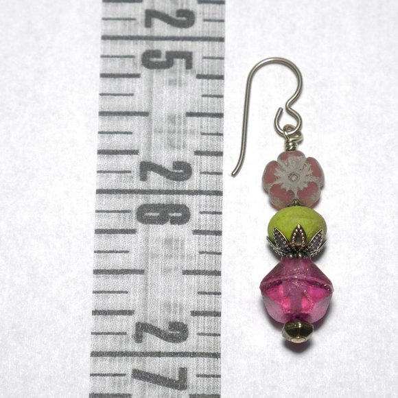 Hand Crafted Handmade Earrings Pink & Green Czech Glass Flower Earrings - Picture 4 of 5